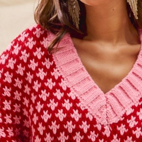 Stylish Red and Pink Houndstooth Like Women's Sweater sz Medium - Picture 4 of 14